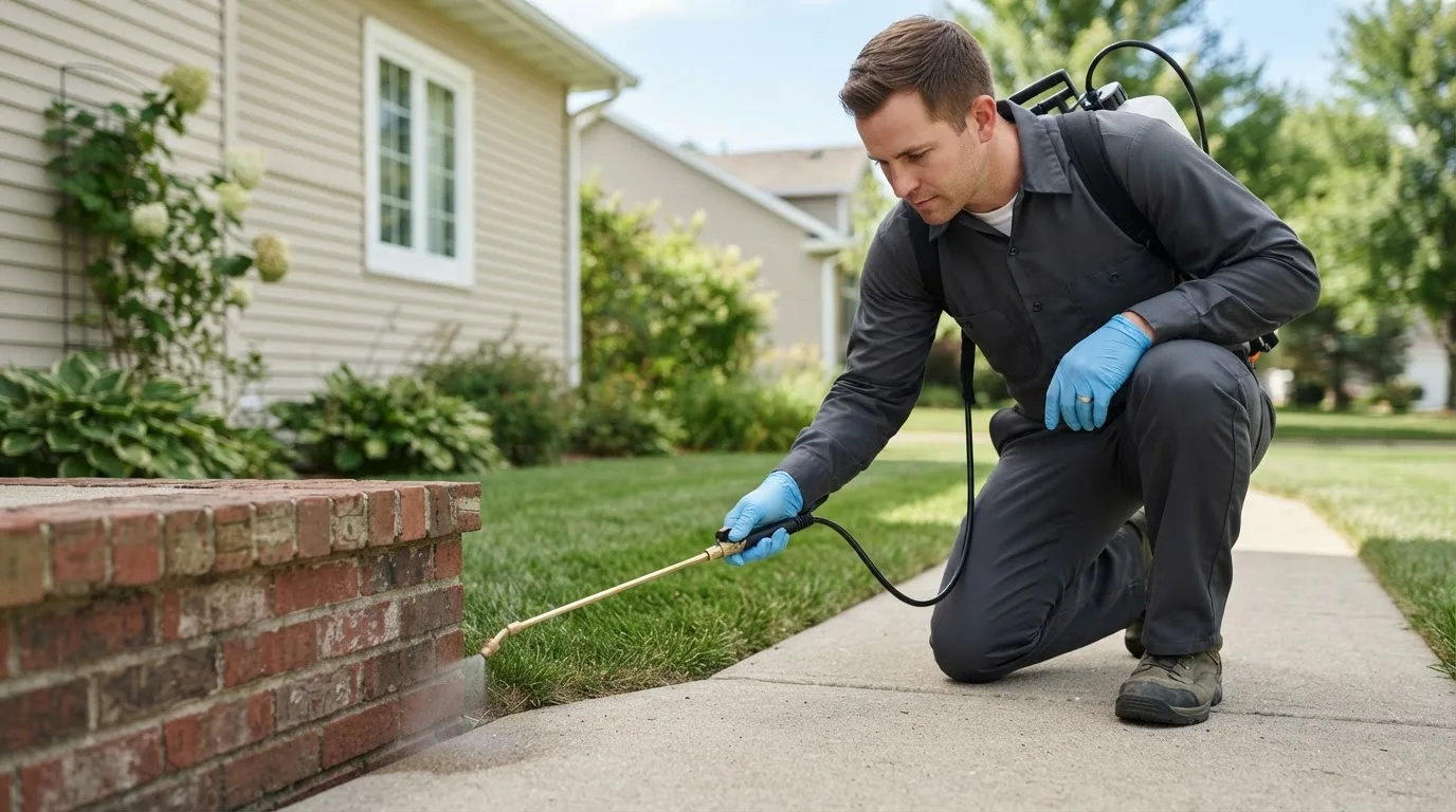 Pest control technician treating a home near Plymouth, CT