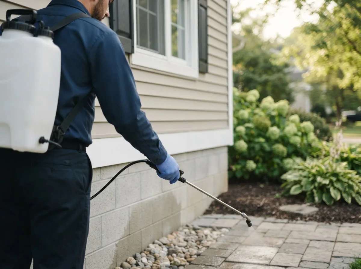 Pest control technician inspecting a home in Plymouth, CT